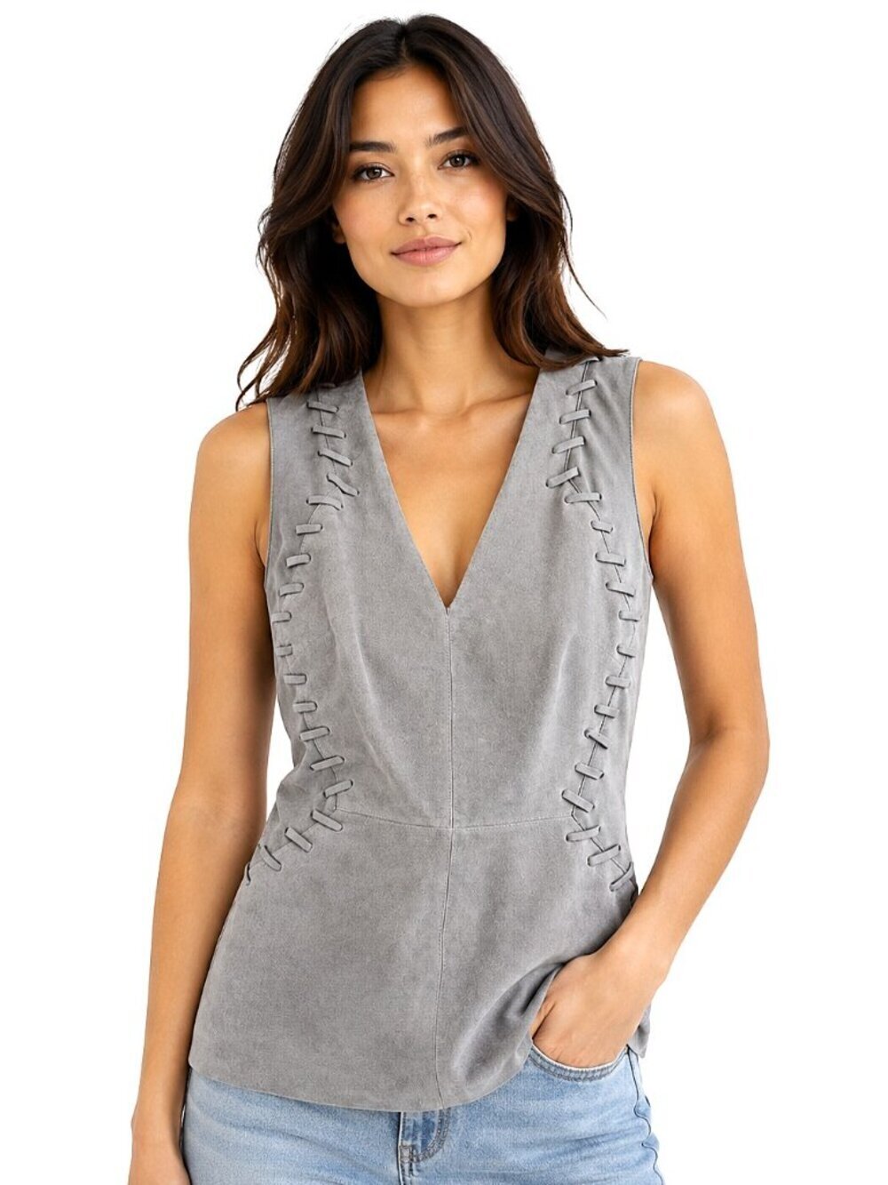 Bailey 44 Grey Leather Whipstitch Suede Sleeveless Tank Top